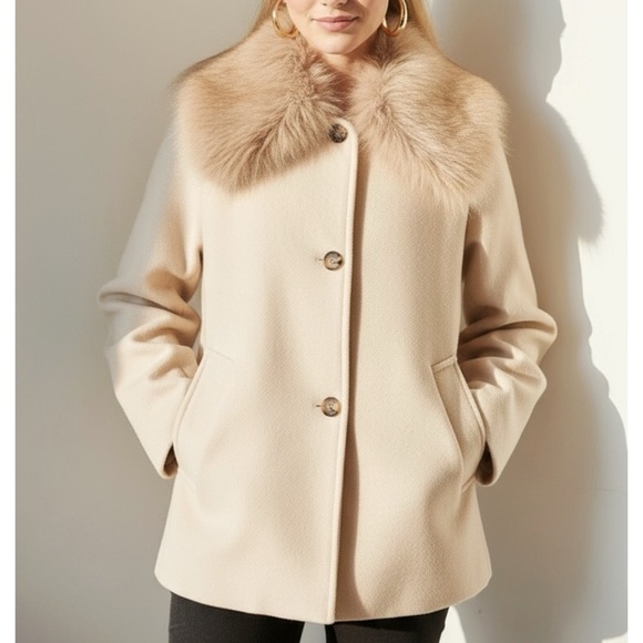 ZARA Manteco Removable Faux Fur Collar Oversized Wool-Blend Short Coat, Beige, L - Picture 1 of 16